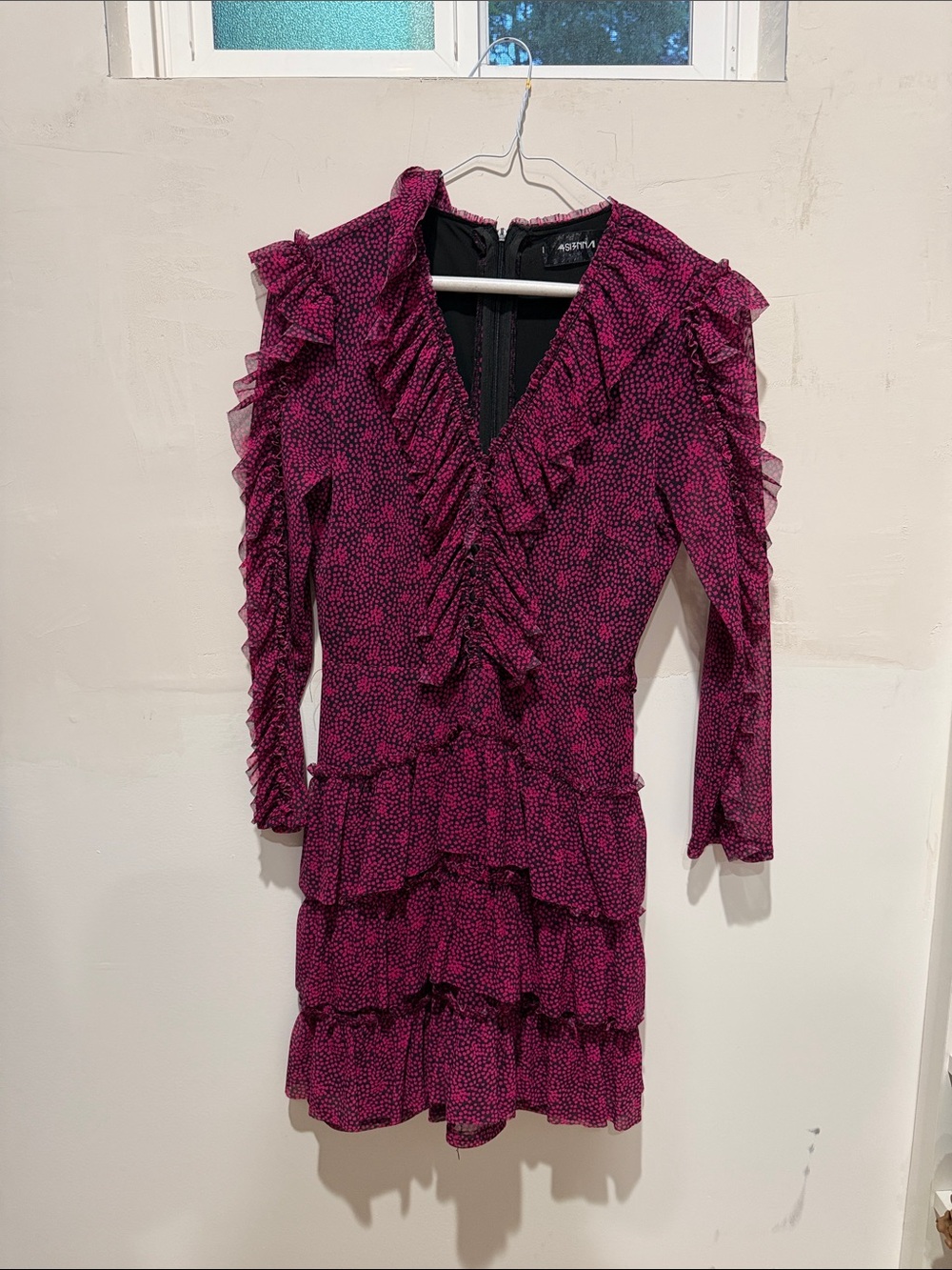 Magenta Ruffle Tiered Long-Sleeve Mini Dress